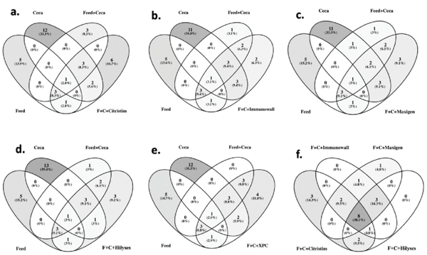Fig 6. Comparison of shared core microbiome members. Venn diagrams demonstrating the core microbiome commonalities between treatment groups and controls: a) Citristim compared to the controls, b) Immunowall, c) Maxigen, d) Hilyses, e) XPC, and f) the four prebiotic treatments, Citristim, Immunowall, Maxigen, and Hilyses. Parameters were set at a detection rate of 1% with prevalence in at least 50% of all samples in a treatment.