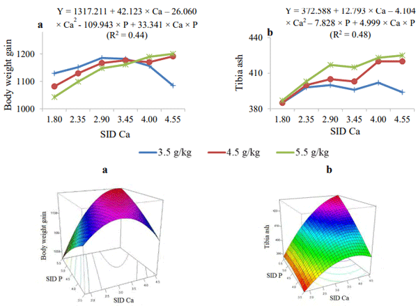 Figure 1 – Interaction and response surface plots for (a) body weight gain (g/bird) and (b) tibia ash concentration (g/kg dried defatted matter) of broiler chickens fed different standardised ileal digestible (SID) calcium (Ca) and SID phosphorous (P) concentrations (3.5, 4.5 and 5.5 g/kg) from day 11 to 24 post-hatch