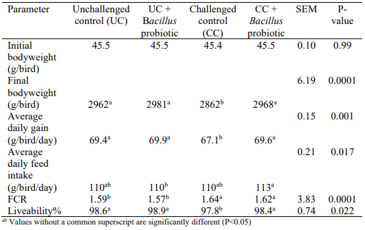 Table 1 - Performance of challenged and unchallenged birds fed a diet supplemented with a 3 strain bacillus 1-42 days of age