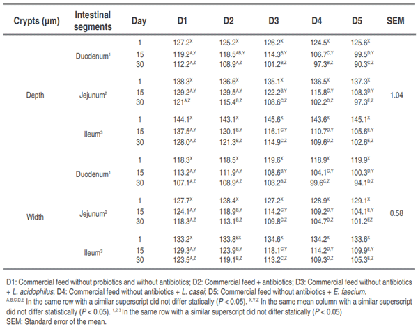 Table 3. Comparison of crypts (µm) in different intestinal sections of pigs that consumed the experiment diets for various post-weaning periods.