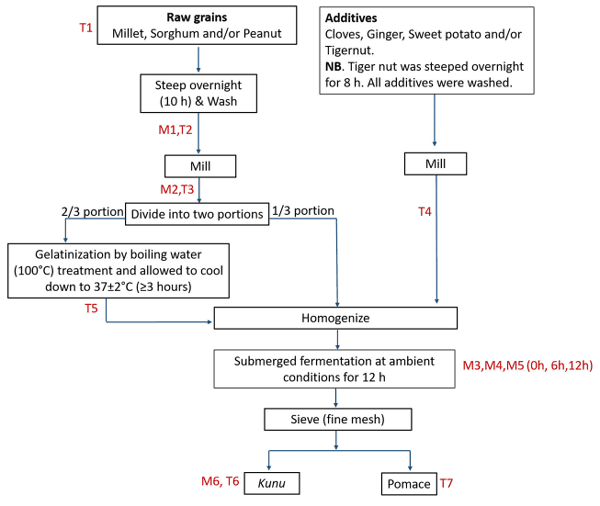 FIGURE 1 | Flow chart for kunu processing. M and T represent points of sample collection for bacterial community and mycotoxin analyses, respectively.