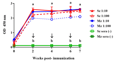 FIGURE 2 | Antibody response to sporozoite (Sz) and merozoite (Mz) antigens in SPF Leghorn chickens immunized subcutaneously with whole sporozoites of E. tenella. Sera dilutions of 1:10 (continuous lines) and 1:100 (dotted lines) are shown. The arrows indicate the boost immunizations at intervals of 2 weeks. Sera from the four unimmunized birds (–) did not show any reactivity with Sz and Mz antigens. At each time point, the arithmetic means ± standard deviations of absorbance units (O.D.) of sera collected from four chickens are shown. The line plots denoted as a are significantly different (P < 0.05, according to Tukey’s multiple range test) from those denoted as b.