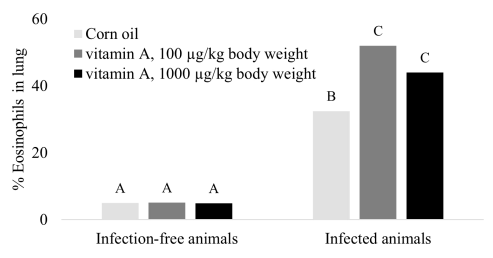 FIGURE 2 Treatment of pigs with vitamin A increased eosinophils in lung tissue after inoculation with the large roundworm (adapted from Dawson et al., 2009). Treatments annotated with unique letters (A–C) are statistically different (P < 0.05). doi: 10.1128/IAI.00827-07.