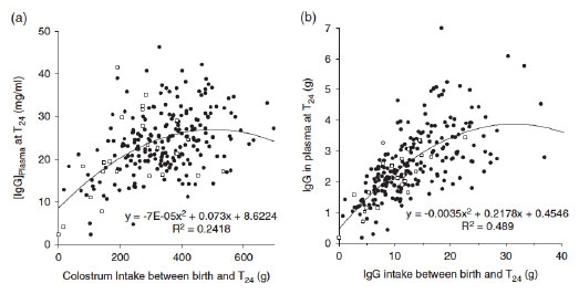 Relationships (a) between immunoglobulin G (IgG) concentration in piglet plasma 24 h after the onset of farrowing (T24) and estimated colostrum intake, and (b) between total amount of IgG in piglet plasma at T24 and estimated IgG intake. Black circles represent piglets that were still alive at weaning, and white squares represent piglets that died between T24 and weaning (after Devillers et al., 2011).