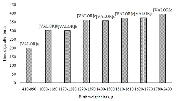 The number of herd days according to the birth weight of female swine. Days counted are from birth onwards, including all female piglets weighed at birth (n = 1495). Bars with one letter in common are not significantly different (P > 0.05) - Magnabosco et al. (2016).