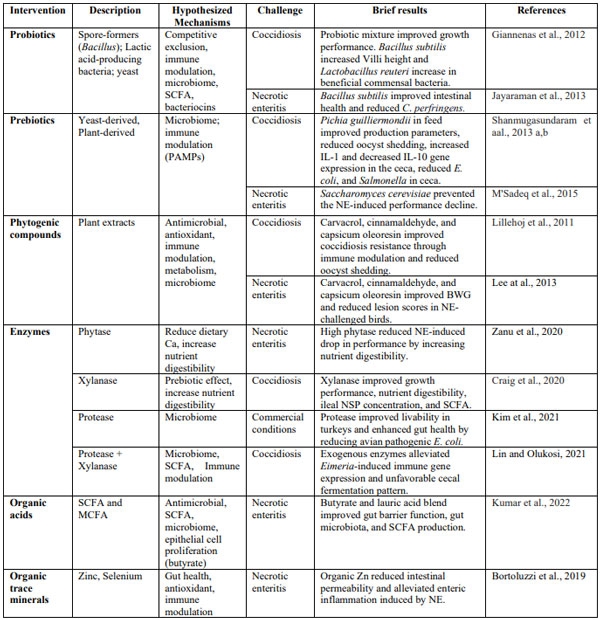 Table 2. Non-pharmaceutical interventions for alleviating necrotic enteritis and coccidiosis in poultry.