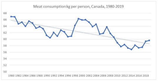 Figure 2. Meat consumption in kg per person in Canada from 1980-2019. Source Statistics Canada.