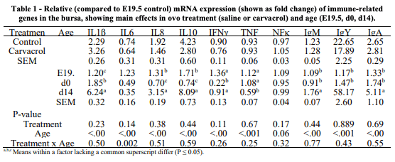 Table 1 - Relative (compared to E19.5 control) mRNA expression (shown as fold change) of immune-related genes in the bursa, showing main effects in ovo treatment (saline or carvacrol) and age (E19.5, d0, d14).