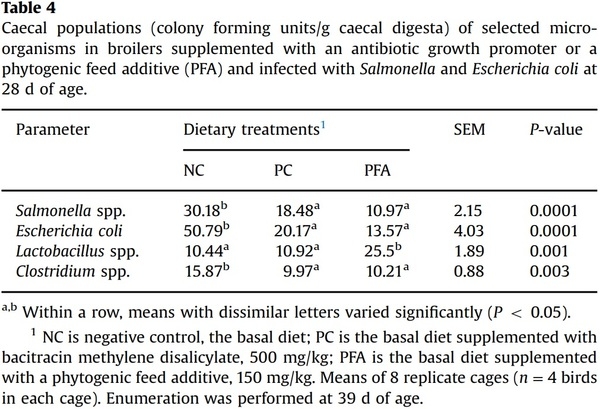 Comparative efficacy of a phytogenic feed additive and an antibiotic growth promoter on production performance, caecal microbial population and humoral immune response of broiler chickens inoculated with enteric pathogens - Image 6