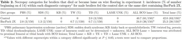 Prophylactic administration of a combined prebiotic and probiotic, or therapeutic administration of enrofloxacin, to reduce the incidence of bacterial chondronecrosis with osteomyelitis in broilers - Image 2