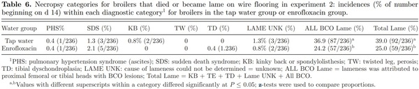 Prophylactic administration of a combined prebiotic and probiotic, or therapeutic administration of enrofloxacin, to reduce the incidence of bacterial chondronecrosis with osteomyelitis in broilers - Image 8