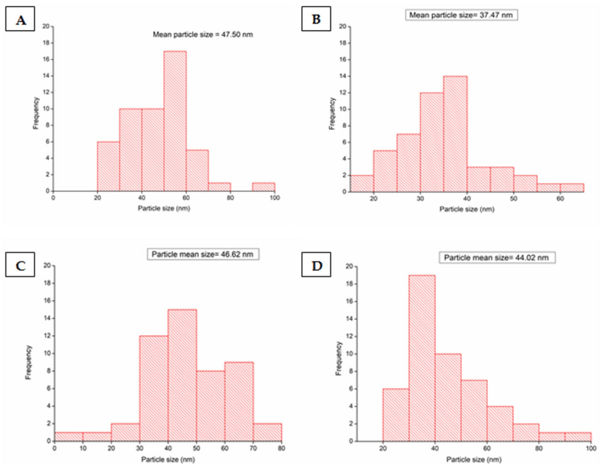 Figure 7. Particle size distribution of ZnO-NPs synthesized using (A) Syzygium cordatum (ZnO 1), (B) Lippia javanica (ZnO 2), (C) Bidens pilosa (ZnO 3), and (D) Ximenia cafra (ZnO 4) extracts.