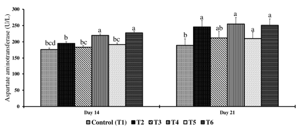 Figure 3. Effect of combined doses of mycotoxin on serum aspartate aminotransferase on day 14 and day 21. Bars (+SEM) with no common superscript differ significantly (p < 0.05) (n