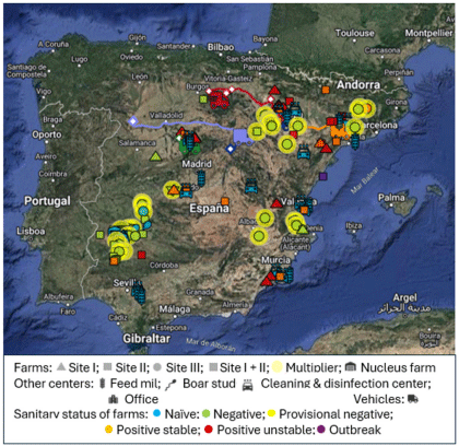 Figure 1. Biorisk® External map of the traced sites. (Figure 1 was obtained from Biorisk® External platform (2024) and reproduced with permission from Animal Data Analytics, SL).