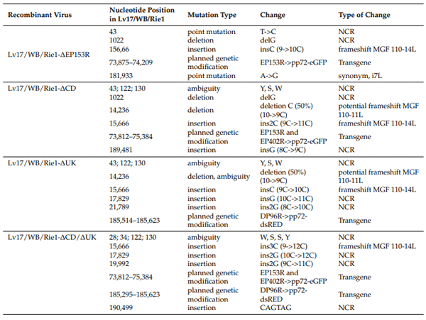 Table 3. Sequence differences in the four Lv17/WB/Rie1 mutants. Numbering is according to Lv17/WB/Rie1 positions.