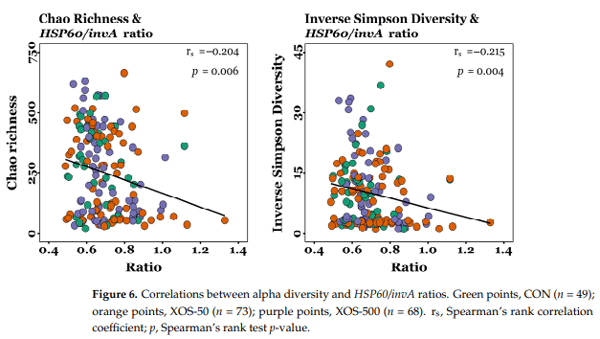 Figure 6. Correlations between alpha diversity and HSP60/invA ratios. Green points, CON (n = 49); orange points, XOS-50 (n = 73); purple points, XOS-500 (n = 68). rs, Spearman’s rank correlation coefficient; p, Spearman’s rank test p-value.