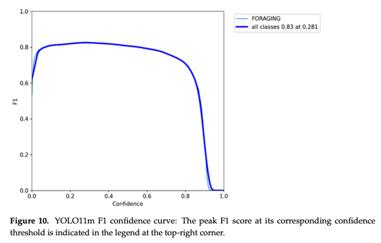 Figure 10. YOLO11m F1 confidence curve: The peak F1 score at its corresponding confidence threshold is indicated in the legend at the top-right corner.