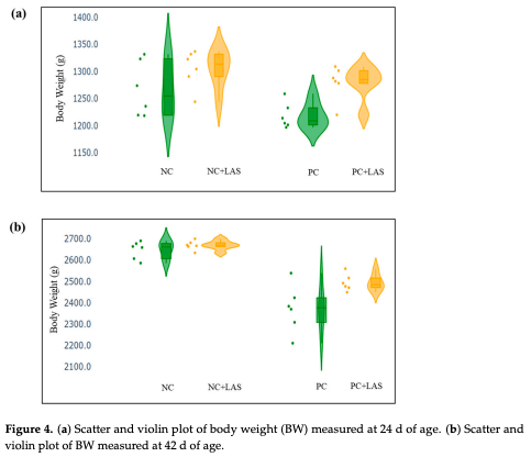 Figure 4. (a) Scatter and violin plot of body weight (BW) measured at 24 d of age. (b) Scatter and violin plot of BW measured at 42 d of age.