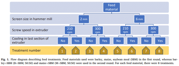 Fig. 1. Flow diagram describing feed treatments. Feed materials used were barley, maize, soybean meal (SBM) in the first round, whereas barley+SBM (B+SBM; 50:50) and maize+SBM (M+SBM; 50:50) were used in the second round. For each feed material, there were 8 treatments.