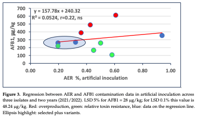 gure 3. Regression between AER and AFB1 contamination data in artificial inoculation across three isolates and two years (2021/2022). LSD 5% for AFB1 = 28 µg/kg; for LSD 0.1% this value is 48.24 µg/kg. Red: overproduction, green: relative toxin resistance, blue: data on the regression line. Ellipsis highlight: selected plus variants.