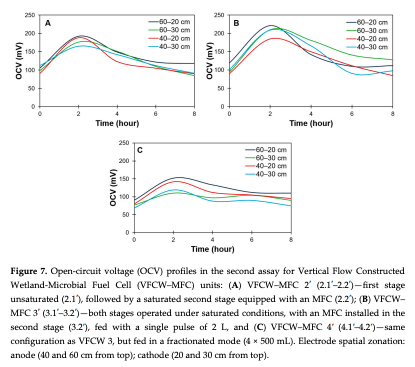 Figure 7. Open-circuit voltage (OCV) profiles in the second assay for Vertical Flow Constructed Wetland-Microbial Fuel Cell (VFCW–MFC) units: (A) VFCW–MFC 2′ (2.1′–2.2′)—first stage unsaturated (2.1′), followed by a saturated second stage equipped with an MFC (2.2′); (B) VFCW– MFC 3′ (3.1′–3.2′)—both stages operated under saturated conditions, with an MFC installed in the second stage (3.2′), fed with a single pulse of 2 L, and (C) VFCW–MFC 4′ (4.1′–4.2′)—same configuration as VFCW 3, but fed in a fractionated mode (4 × 500 mL). Electrode spatial zonation: anode (40 and 60 cm from top); cathode (20 and 30 cm from top). 