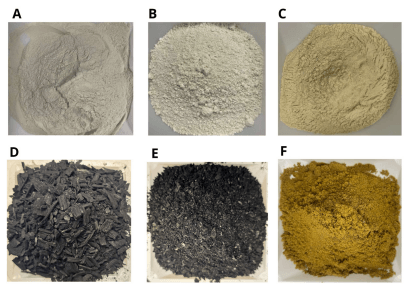 Figure 1. Physical forms of natural adsorbents. (A) Montmorillonite clay, (B) Kaolinite Clay, (C) Bentonite Clay, (D) Agricultural waste biochar, (E) Wood biochar, and (F) Graphite. All images are from the Oladokun Lab.