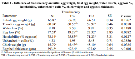 Table 1 - Influence of translucency on initial egg weight, final egg weight, water loss %, egg loss %, hatchability, unhatched + culls %, chick weight and eggshell thickness.