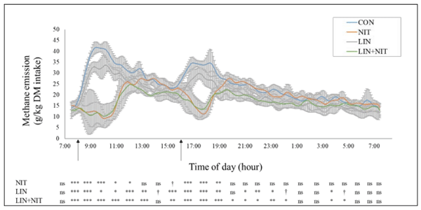 Figure 1. Daily methane production pattern of non-lactating cows fed 4 different diets containing linseed oil and calcium nitrate alone or in combination (n = 4). Treatments consisted of control diet (CON), CON plus 3% calcium nitrate (NIT), CON plus 4% linseed oil (LIN) and CON plus 4% linseed oil and 3% calcium nitrate (LIN+NIT). The arrows indicate time of feeding. Error bars indicate SD. Symbols indicate hourly statistical comparison between dietary treatments (†P ⩽0.10; *P ⩽0.05; **P ⩽0.01; ***P ⩽0.001). Adapted from Guyader et al. (2015).