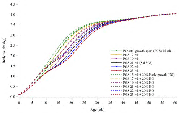 Figure 1 - Growth trajectories designed for broiler breeders (Experiment 1).