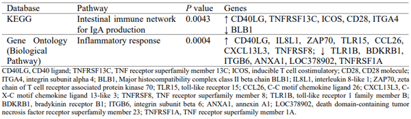 Table 1 – Significantly (P< 0.01) enriched pathways and up (↑) or down (↓) regulated differentially expressed genes in chickens fed a low (control diet) versus high (control diet + 0.5% xylo-oligosaccharide and 1% arabinoxylan-rich fraction of wheat) fibre diet.
