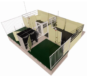 Commercially improved version of the SowComfort pen with a slightly deeper slatted floor area (10 cm added) and an extra feed dispenser to make an optimal “from birth until 30 kg” pen for the piglets, meaning that the piglets can remain in the birth environment until 30 kg while the sow is removed after weaning at the age of around 5 weeks (legislation demand is no less than 28 days). Drawing was made by May Helen Gryte in Fjøssystemer A/S. 
