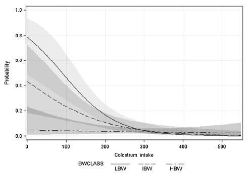 Figure 5. Probability of death until 42 days of age according to the colostrum intake and birth weight of piglets. LBW: piglets with a birth weight of 1.1-1.2 kg; IBW: piglets with birth weight > 1.2-1.3 kg; HBW: piglets with birth weight > 1.3-1.7 kg - Ferrari et al. (2014).