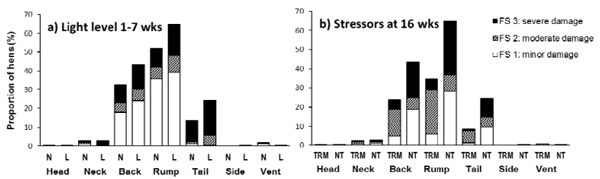 Figure 2 - The effect of different light levels applied between 1 and 7 weeks of age (N: normal lux vs L: low lux; figure a), and combined stressors in the form of transport, relocation and mixing applied at 16 weeks (TRM) compared to no imposed stressors (NT; figure b), on the proportion of hens with different levels of plumage damage (FS: feather-score) on the 7 body areas, when scored at 41 weeks of age. 