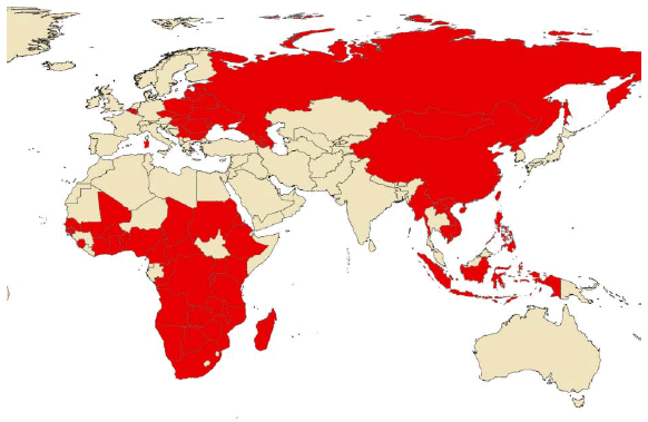 Countries affected by African Swine Fever (OIE, 2020). Update in January 2020.
