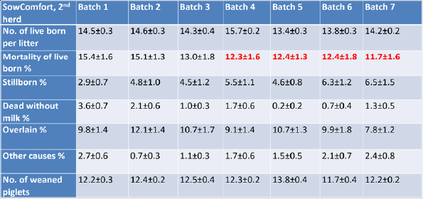 Production results from a commercial herd in the first 7 consecutive batches after installing the SowComfort pen.