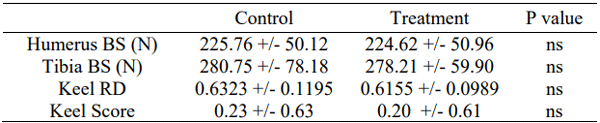 Table 2 - Bone Quality. Mean and standard deviations for all data collected from the 4 flocks on treatment and the 4 flocks on the control diet.