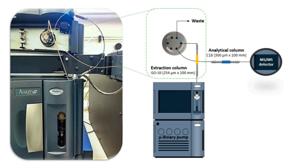 Figure 7. Representative scheme of the system 2 configuration. An actual photograph of the switching valve connections and the capillary extraction column is depicted in the left, while a drawing of the whole system is displayed on the right side of the figure.