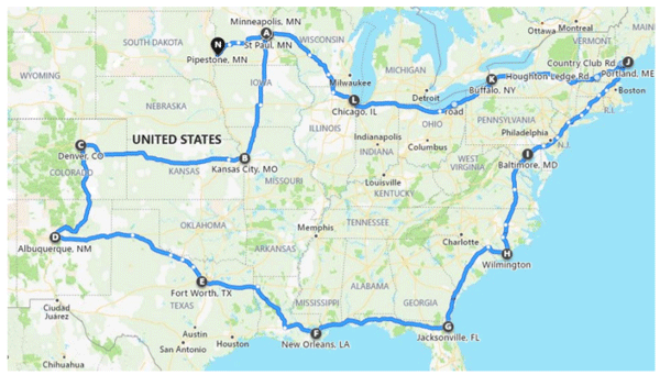 FIGURE 1 Map displaying the route travelled during the study