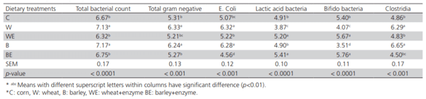 Table 5 – Effect of different types of cereal grains and enzyme supplementation on ileal bacterial population in broiler chickens (log CFU/g digesta)