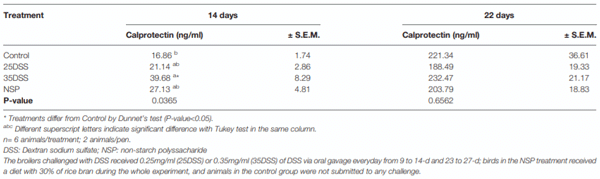 TABLE 6 | Calprotectin concentration in the serum of broilers submitted to different intestinal challenges at 14 and 22 days of age.