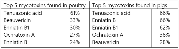 Table 2. The top 5 prevalent mycotoxins detected in 700 blood samples around the world in the Introductory Year RISE Survey (poultry and swine). Emerging mycotoxins like tenuazonic acid from Alternaria spp. less well-known toxins enniatins and beauvericin from Fusarium spp. being the most common.