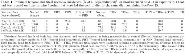 Prophylactic administration of a combined prebiotic and probiotic, or therapeutic administration of enrofloxacin, to reduce the incidence of bacterial chondronecrosis with osteomyelitis in broilers - Image 1