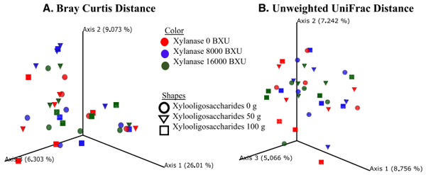 Fig. 4 Principal coordinate analysis (PCoA) plot shows beta diversity analysis between different treatments at 10,000 reads depth per sample of cecal contents of broilers from d 42 post-hatch. a Bray Curtis distance, b Unweighted UniFrac distance. The pairwise comparison did not show any significant differences (P > 0.05). Xylanase treatments are represented by colors (red for 0 BXU/kg feed, blue for 8,000 BXU/kg feed, and green for 16,000 BXU/kg feed), and xylooligosaccharides treatments are represented by shapes (circle for 0 g per ton feed, triangle for 50 g per ton feed, and square for 100 g per ton feed)