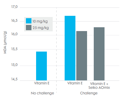 Figure 1. Effect of vitamin E and Selko® AOmix on oxidative stress levels in broilers under challenged conditions. MDA levels measured in plasma.