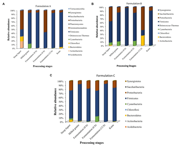 FIGURE 5 | Relative abundance of classifiable OTUs at the phylum taxonomic rank. (A) Formulation A (B) Formulation B (C) Formulation C. OTUs not assigned to a phylum taxonomic rank are excluded from the bar plot.