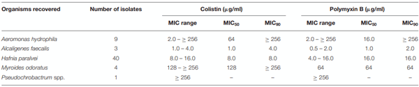 TABLE 2 | Colistin and polymyxin B MICs of colistin-resistant organisms recovered from Victorian poultry farms.