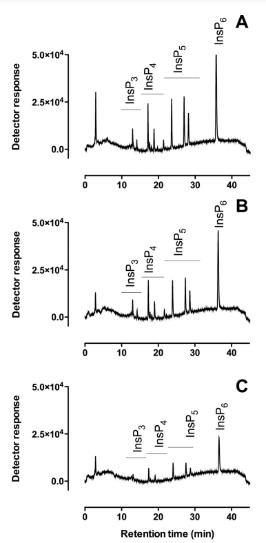 Fig 1. Recovery of inositol phosphates using titanium dioxide. (A) An acid hydrolysate of InsP6 with HPLCresolvable lower inositol phosphates, (B) Inositol phosphates recovered from ‘cell biological’ grade Titansphere TiO2, (C) Inositol phosphates recovered from feed grade TiO2. The retention times of the different classes of inositol phosphates are shown