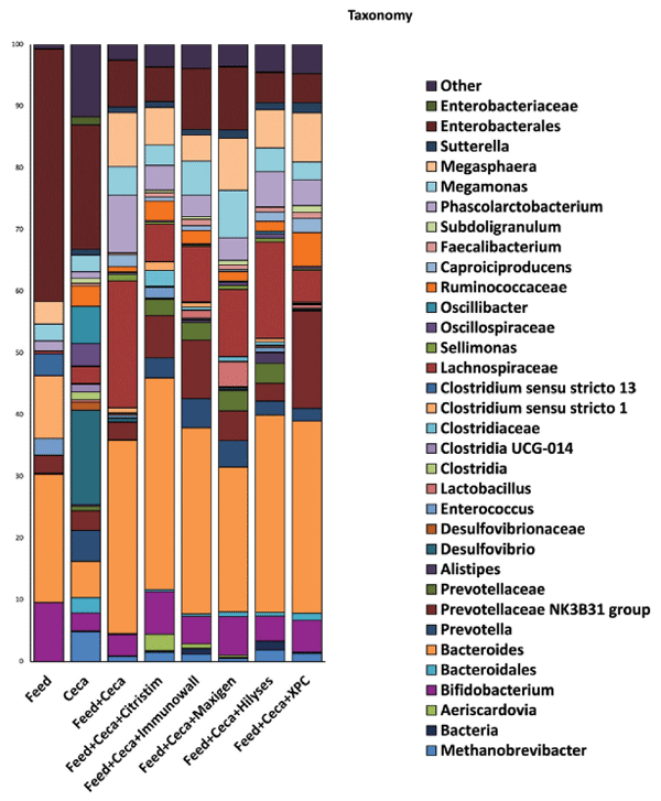 Fig 5. Taxonomic relative abundance of the genera of the treatment groups. The ANCOM analysis on the genera level representing the median relative abundance within the different treatment groups. Treatments include feed only, cecal contents only, feed and cecal contents only, and several treatments with feed and cecal contents: Citristim, Immunowall, Maxigen, Hilyses, and XPC