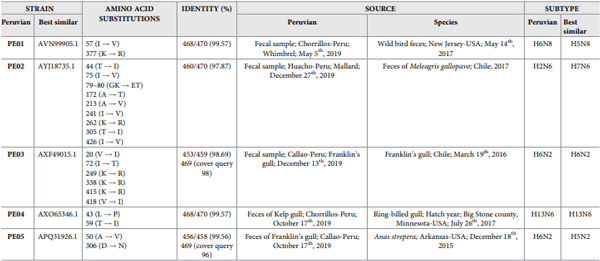 Table 5. Amino acid substitutions in the Neuraminidase protein of AIV isolated from wild birds in Peru.