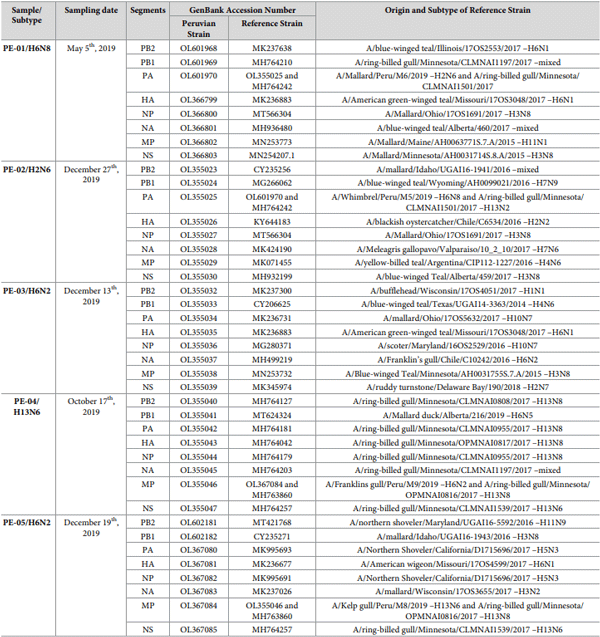 Table 3. Whole genome sequences of AIV isolates obtained in Peru and their closest relatives.
